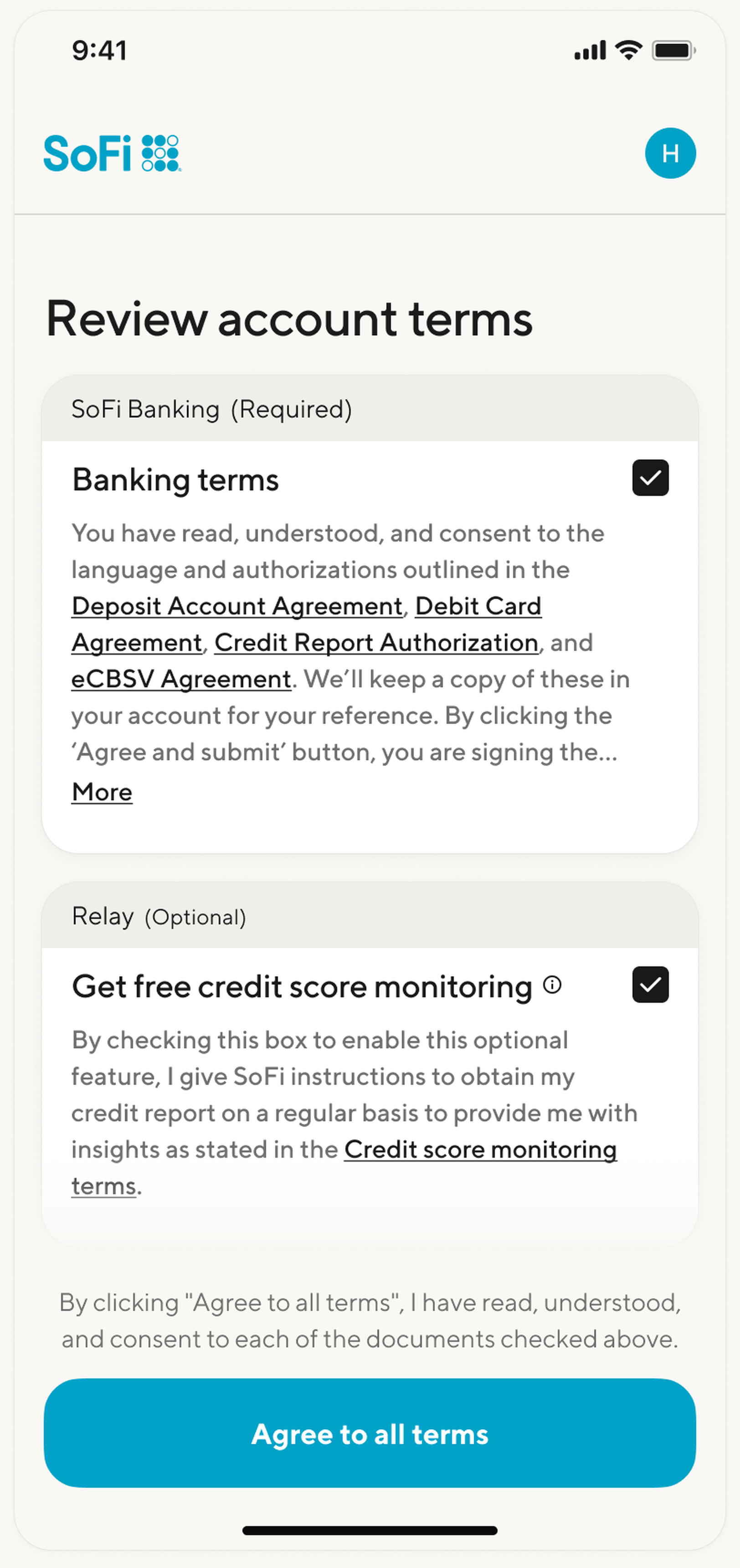 Revised test: Required banking terms pre-checked, optional credit score monitoring separated