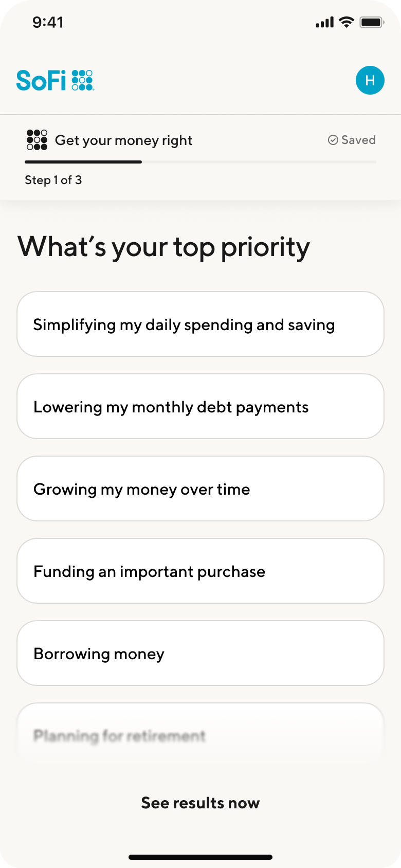 V1: Goal-oriented list, single-select with full-sentence framing