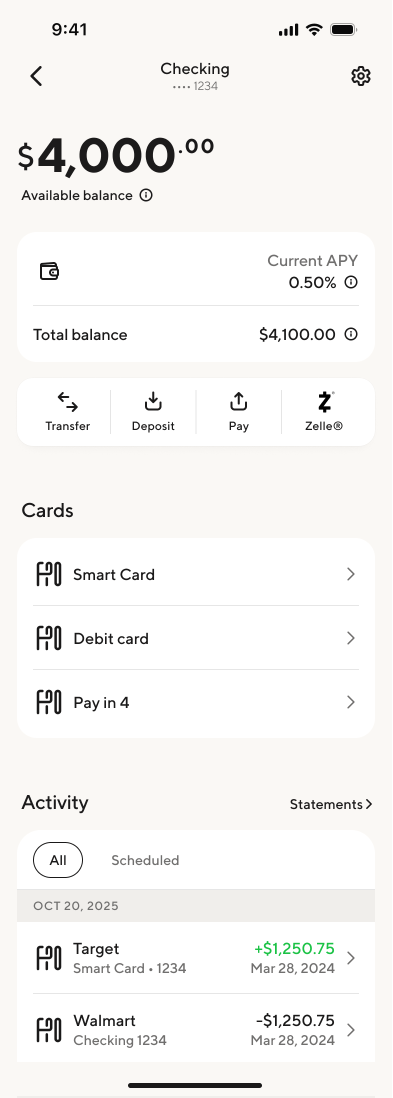 Checking detail: Linked account and card surfaces