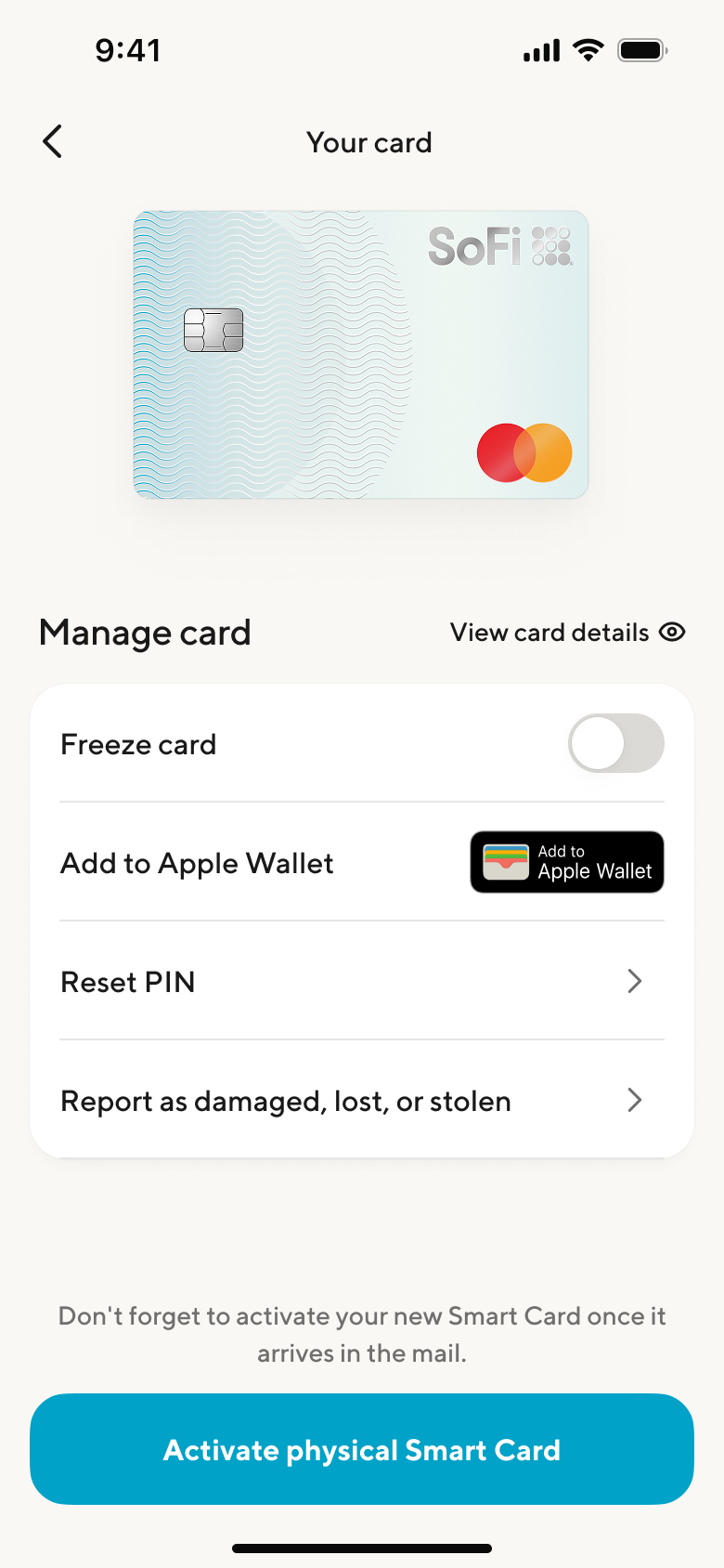 Your card: Freeze, Apple Wallet, Reset PIN, and report controls